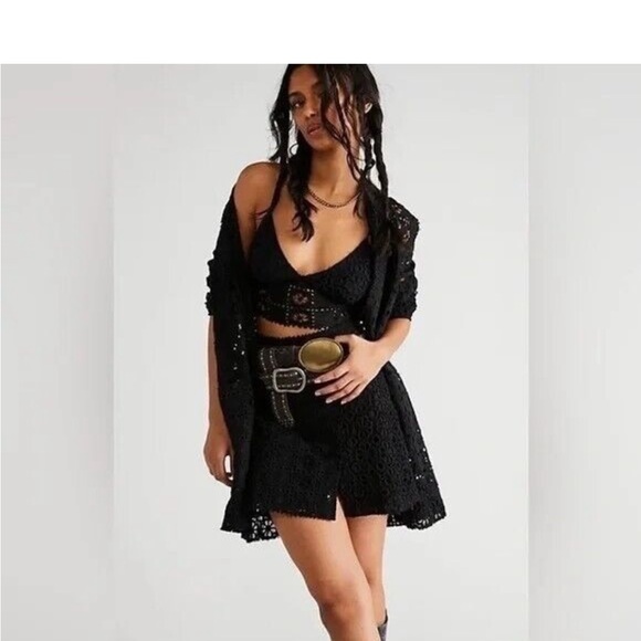 Free People Yesenia Crochet Lace 4 / S Black 3-Pc Bralette Mini Skirt Jacket Set - Picture 9 of 13
